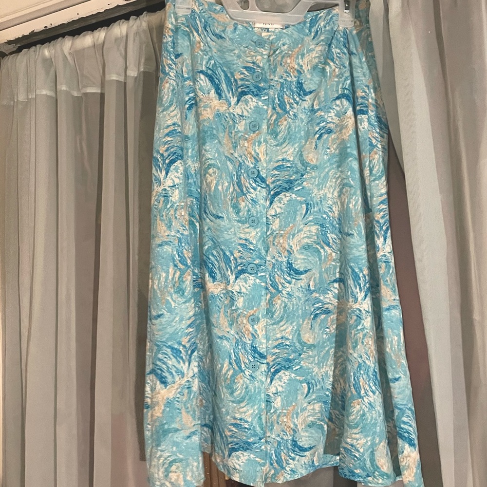 Christopher & Banks Petite Artsy Watercolor Print Teal Blue MIDI Skirt